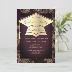 Invitation Casquette de graduation en or, damas floral diplôm
