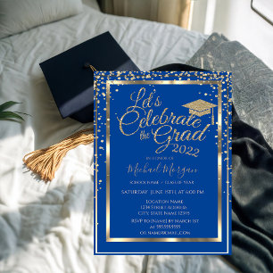 Invitation Casquette de graduation en or Diamants Bleu Gradua