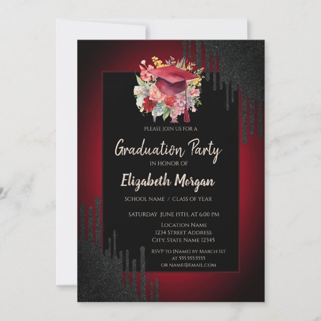 Invitation Casquette de graduation florale, Lecteurs noirs ro (Devant)