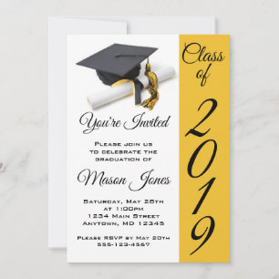 Invitation Casquette de graduation Jaune Noir et Or et Tassel