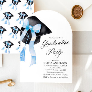 Invitation Casquette de graduation moderne Elégant Bleu Bow A