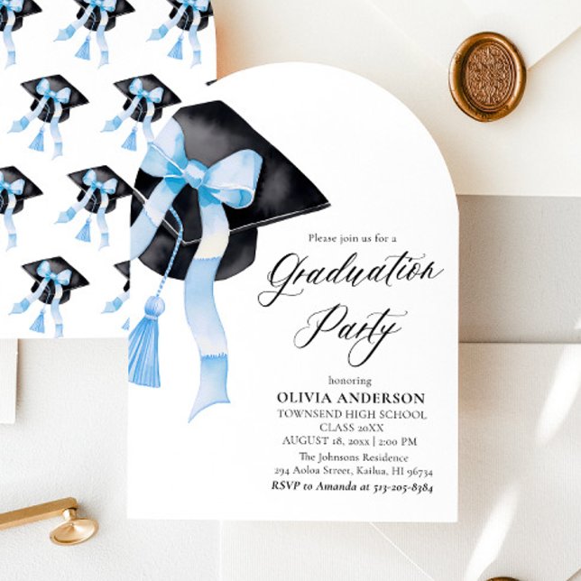 Invitation Casquette de graduation moderne Elégant Bleu Bow A (Créateur téléchargé)
