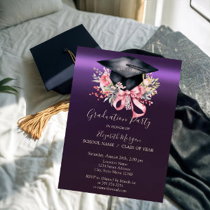 Invitation Casquette de remise de diplôme florale,Ruban viole