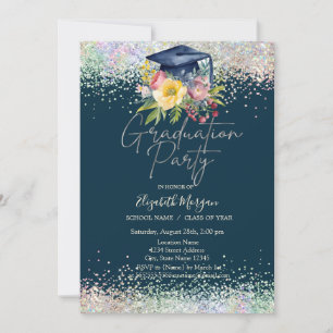 Invitation Casquette de remise des diplômes florale, Confetti