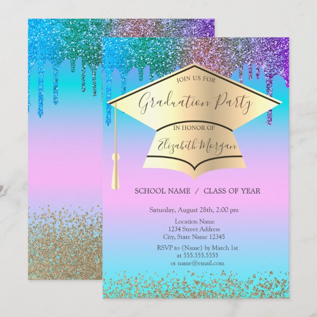 Invitation Casquette, Diamants, Déchets Holographique Graduat (Devant / Derrière)