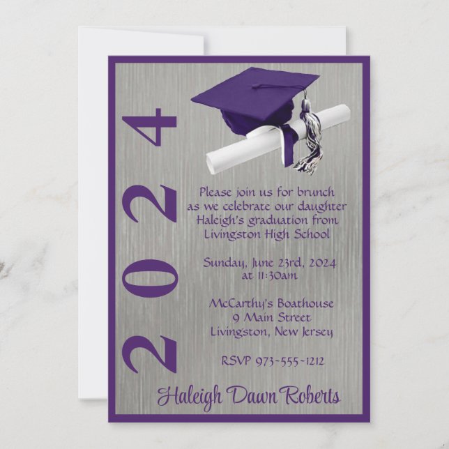 Invitation Casquette & Diplôme 5x7 Purple et Silver Graduatio (Devant)