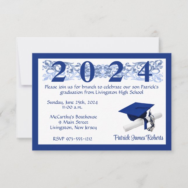 Invitation Casquette & Diplôme, Blanc & Royal Bleu Graduation (Devant)