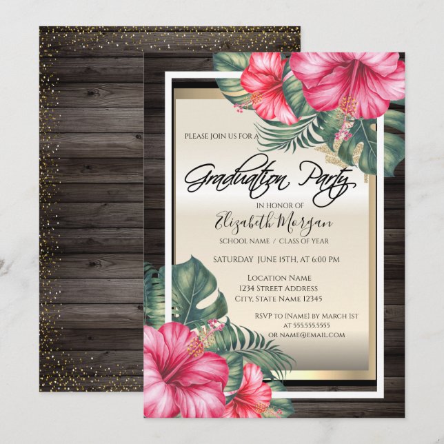 Invitation Casquette diplômé, Hibiscus Wood Graduation (Devant / Derrière)