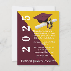 Invitation Casquette & Diplôme, Maron & Gold Graduation