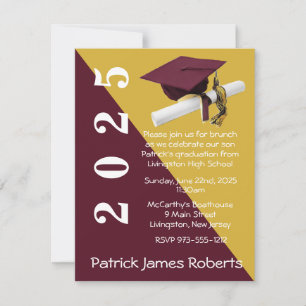 Invitation Casquette & Diplôme, Maron & Métallic Gold Graduat