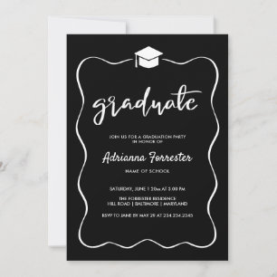 Invitation Casquette diplômé Moderne Cute Ribbon Cadre Noir