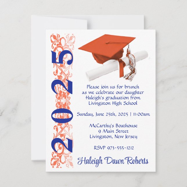 Invitation Casquette & Diplôme, Orange & Royal Blue Graduatio (Devant)