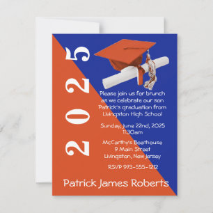 Invitation Casquette & Diplôme, Orange & Royal Blue Graduatio