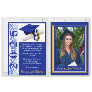 Invitation Casquette & Diplôme Photo Royal Blue & Gold Gradua