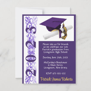 Invitation Casquette & Diplôme, Purple & Gold Graduation