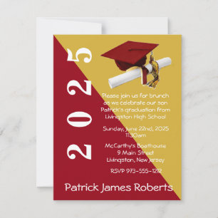 Invitation Casquette & Diplôme, Red & Metallic Gold Graduatio