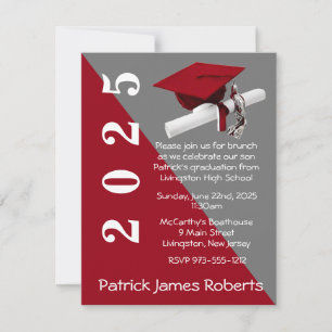 Invitation Casquette & Diplôme, Rouge & Grey Graduation