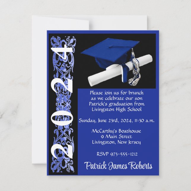 Invitation Casquette & Diplôme, Royal Blue & Black Graduation (Devant)
