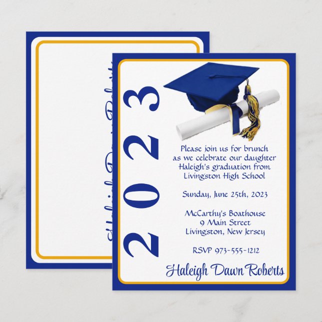 Invitation Casquette & Diplôme, Royal Blue & Gold Graduation (Devant / Derrière)