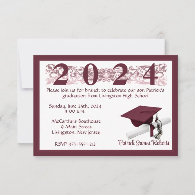 Invitation Casquette & Diplôme, White & Maroon Graduation (Devant)
