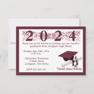 Invitation Casquette & Diplôme, White & Maroon Graduation