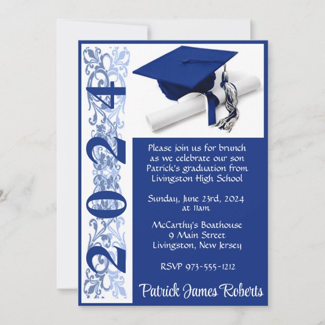 Invitation Casquette et diplôme 5x7 Bleu Arrière - plan Gradu (Devant)