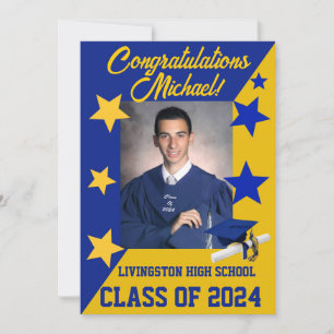 Invitation Casquette et étoiles 5x7 Royal Blue & Gold Graduat