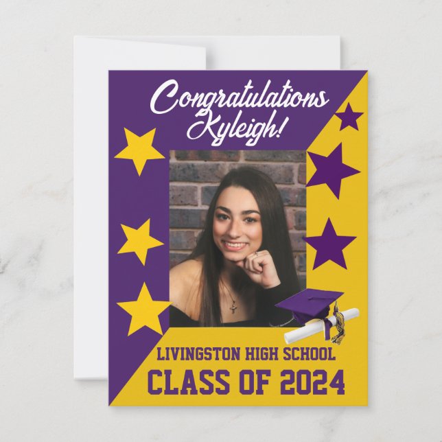 Invitation Casquette et étoiles Purple et Gold Graduation (Devant)