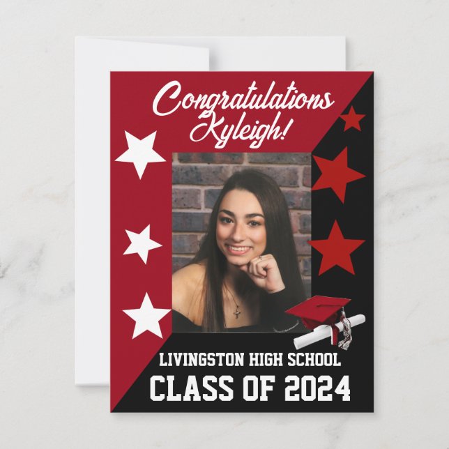 Invitation Casquette & Étoiles Scarlet Red & Black Graduation (Devant)