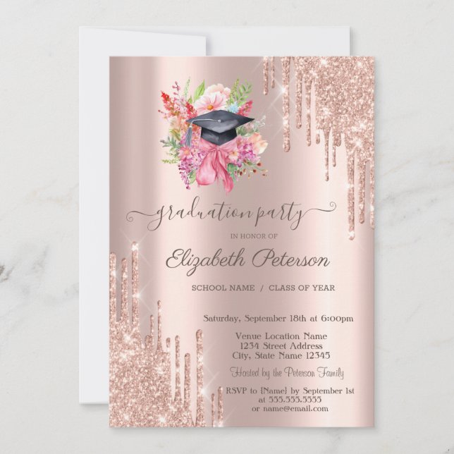 Invitation Casquette Floral Grad Rose Gold Parties scintillan (Devant)