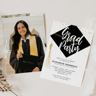 Invitation Casquette GRAD moderne Black Gold Photo Party