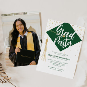 Invitation Casquette moderne GRAD Green Gold Photo Party