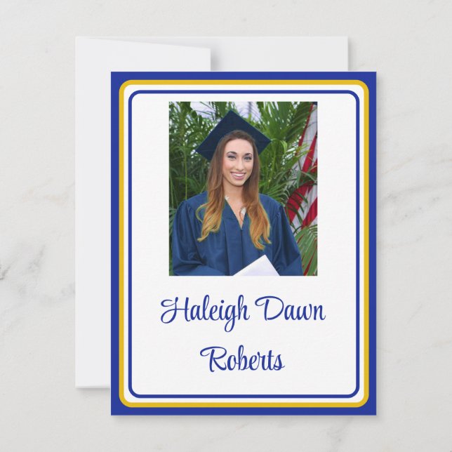 Invitation Casquette photo et diplôme Royal Blue & Gold Gradu (Dos)