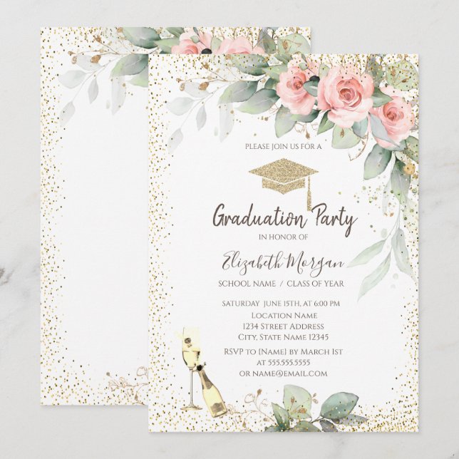 Invitation Casquette, Verre à vin, Graduation des fleurs (Devant / Derrière)