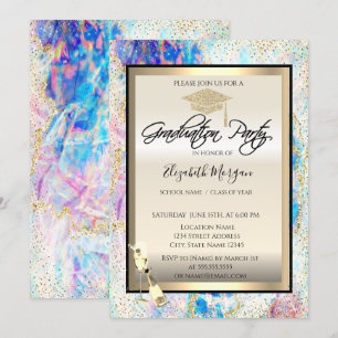 Invitation Casquette, Verre à vin, Holographie Opale Confetti