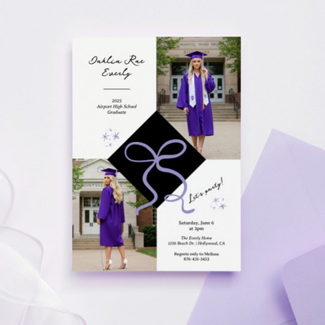 Invitation Casquette violet minimaliste et photo de la gradua (Purple Cap and Bow Graduation Invitation)