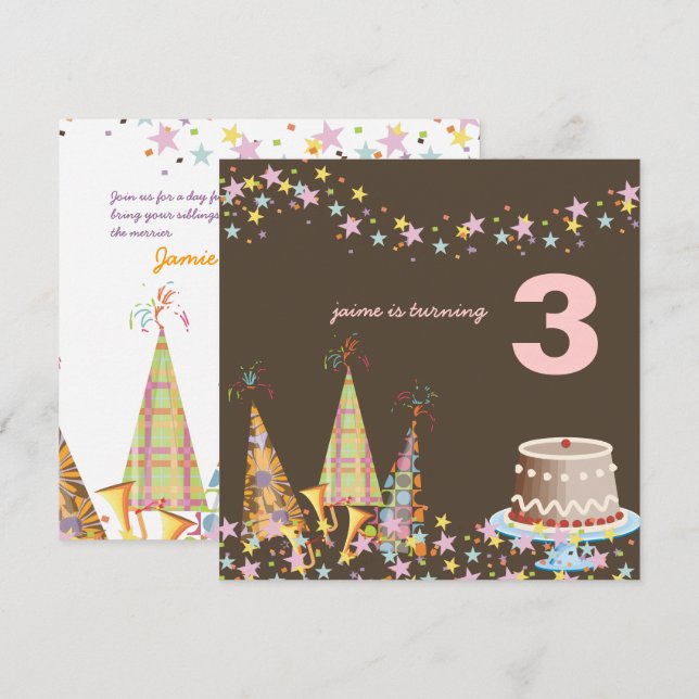 Invitation casquettes de fête, fête d'anniversaire des enfant (Devant / Derrière)