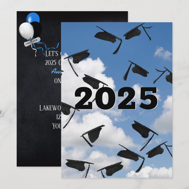 Invitation Casquettes de graduation noir 2025 dans le ciel (Devant / Derrière)