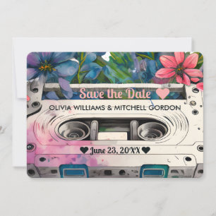 Invitation Cassette Rétro Fleur de Mariage Enregistrer la D