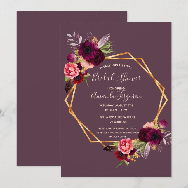 Invitation Cassis burgundy fleurie douche nuptiale (Devant / Derrière)