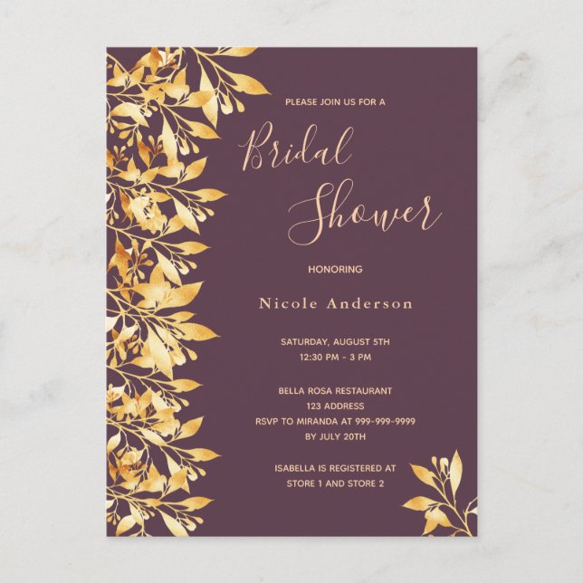 Invitation Cassis en or botanique Douche nuptiale (Devant)
