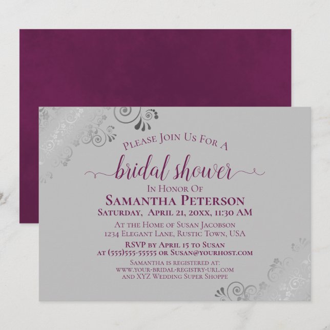 Invitation Cassis Purple & Silver Lace Gris Fête des mariées (Devant / Derrière)