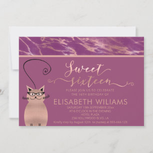 Invitation Cassis rose de marbre d'or calligraphie drôle chat