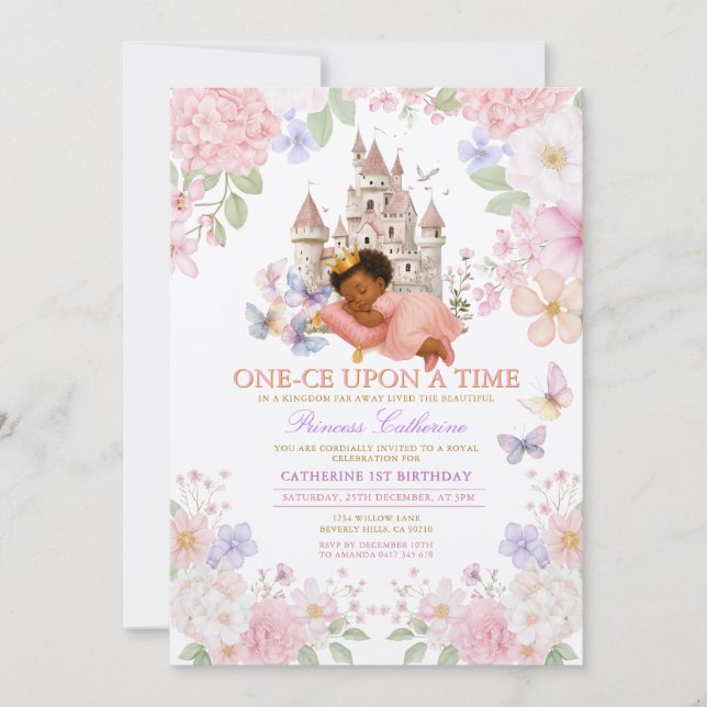 Invitation Castle Floral Pastel Princess 1st Birthday (Devant)