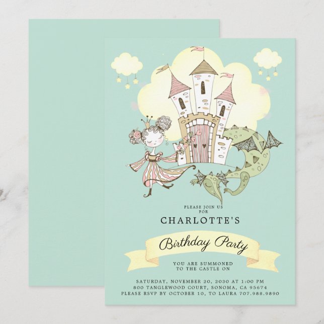 Invitation Castle Princess Dragon Girl's Blue Birthday (Devant / Derrière)
