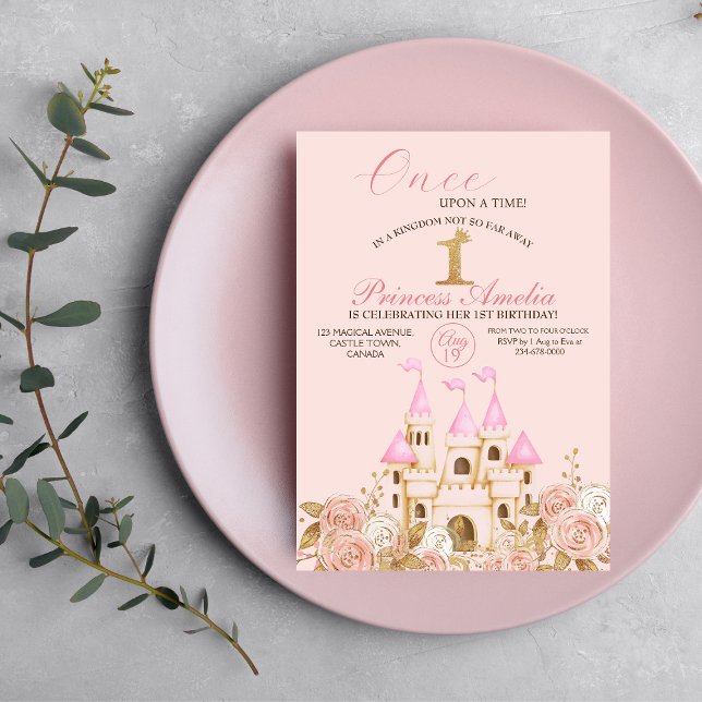 Invitation Castle Princess Pink and Gold 1er anniversaire (Créateur téléchargé)