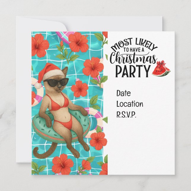 Invitation Cat Christmas Pool Party for Christmas in July  (Devant)