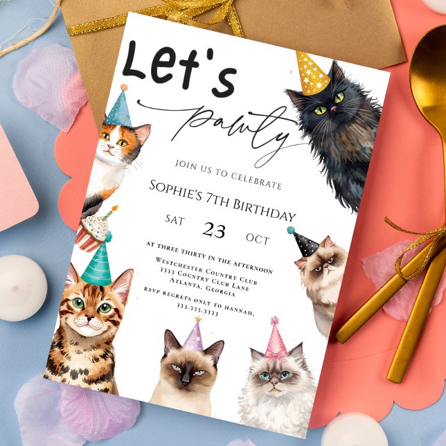 Invitation Cat Let's Pawty Kitten Cute kitty 7e anniversaire (Créateur téléchargé)