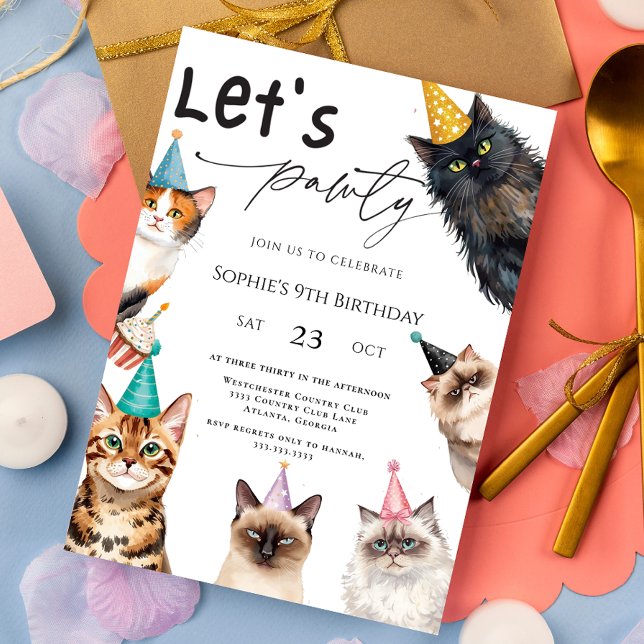 Invitation Cat Let's Pawty Kitten Cute kitty 9th Birthday (Créateur téléchargé)
