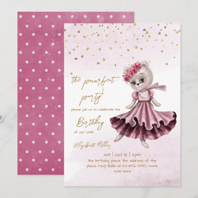 Invitation Cat Perfect Pawty (fête) Fille 2e anniversaire (Devant / Derrière)